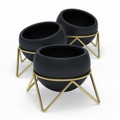 Набор из 3 горшков для растений на подставке Potsy черный-латунь, Umbra, фото 