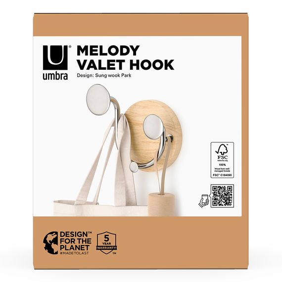 Вешалка настенная Melody, 2 крючка, натуральное дерево/никель, UMBRA, фото , изображение 14